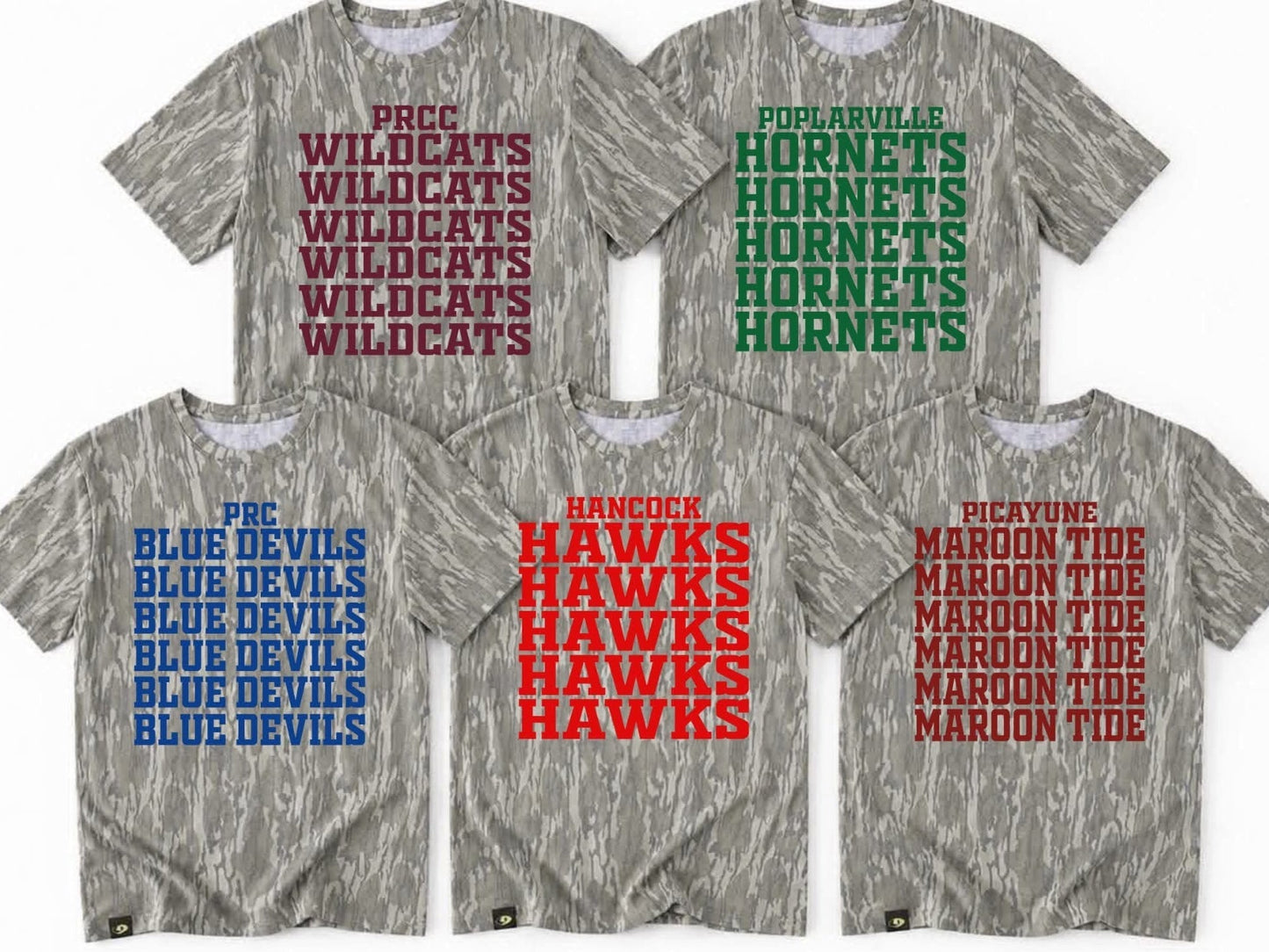 Five short-sleeve crewneck t-shirts with a gray and white camouflage pattern, each featuring a different team graphic in red, blue, or green text.