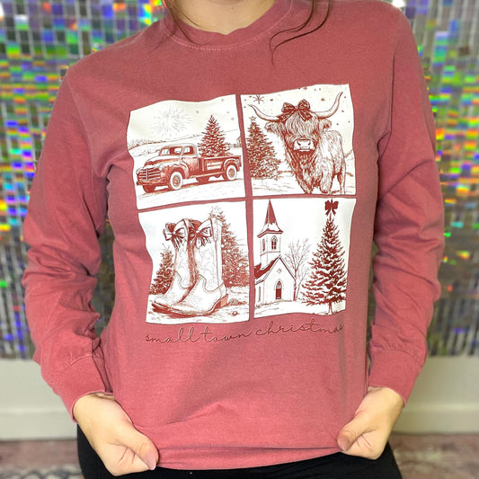 Country LS Small Town Christmas Graphic Tee D-1061