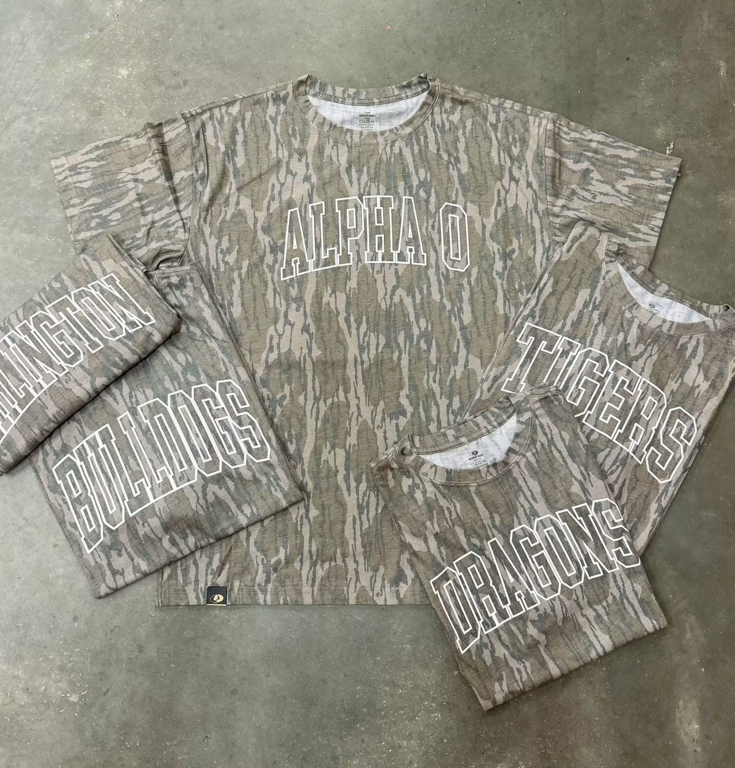 Puff Outlined Varsity Camo Custom Bottomland Tee