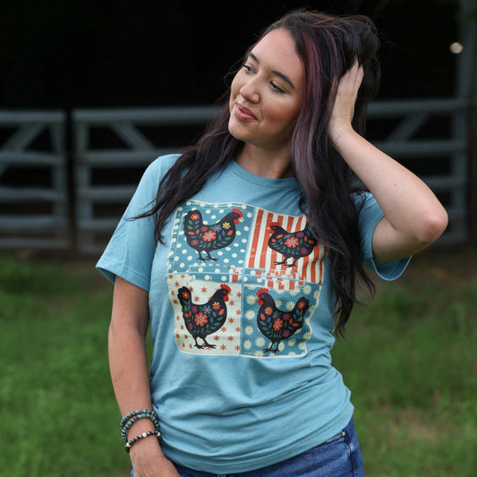 FestiviTees Women - Apparel - Shirts - T-Shirts Patriotic Chicken Patchwork Soft Graphic Tee